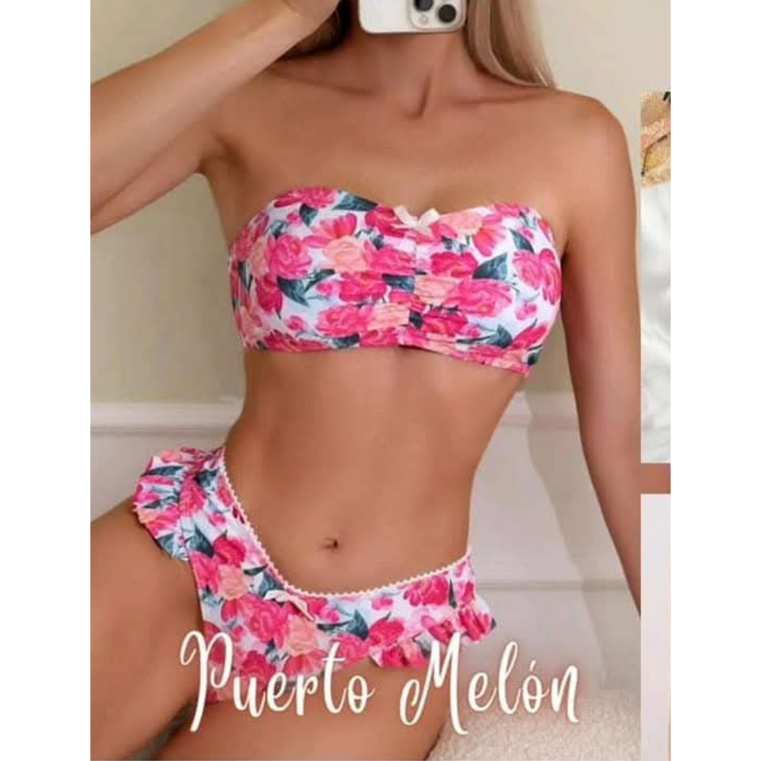 PUERTO MELÓN | BIKINI ESTAMPADO ROSA SEMIHILO CON COPA Y FORRO INTERNO - 1