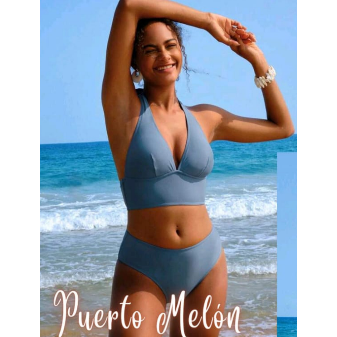 PUERTO MELÓN | BIKINI HALTER CELESTE CON COPA Y FORRO INTERNO - 1