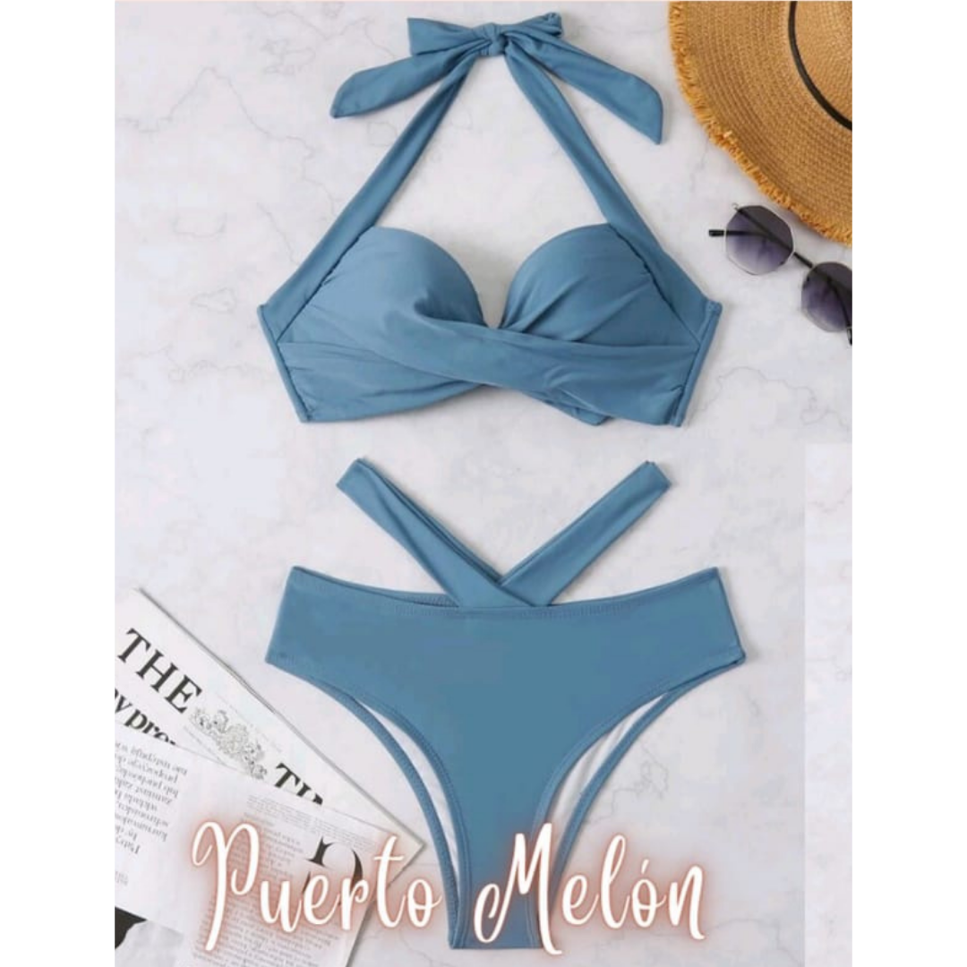 PUERTO MELÓN | BIKINI CELESTE CON AMARRE AL CUELLO - INCLUYE COPA Y FORRO - 1