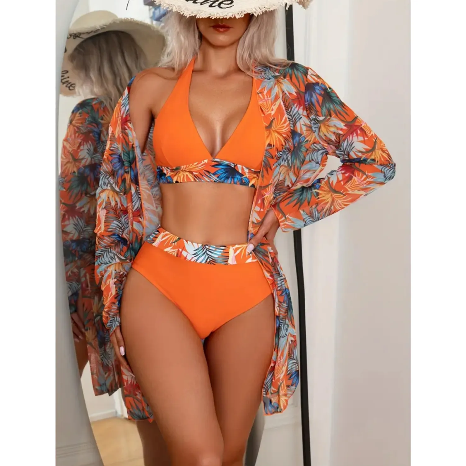 PUERTO MELÓN | CONJUNTO DE 3 PIEZAS BIKINI NARANJA CON COPA Y FORRO INTERNO - INCLUYE SALIDA DE PLAYA - 1