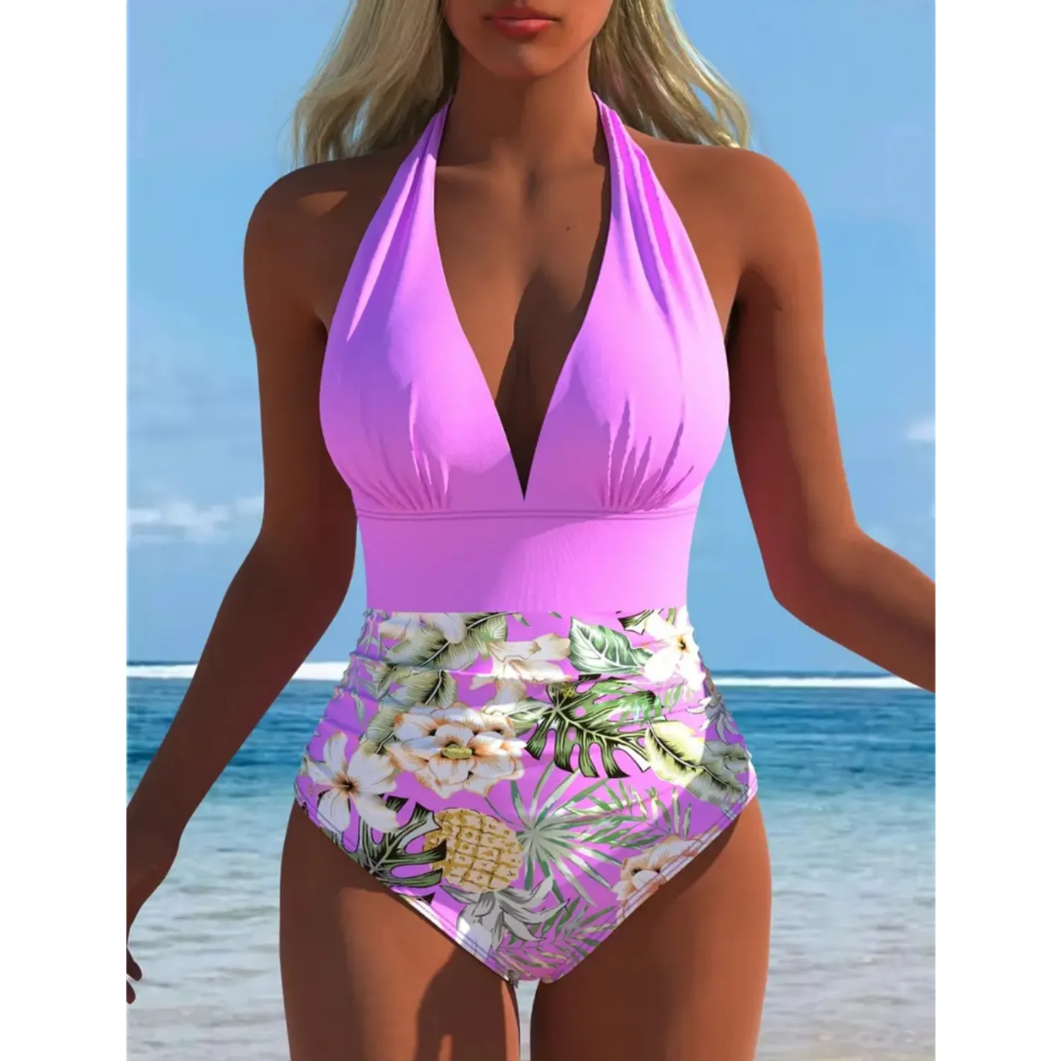 PUERTO MELÓN | TRAJE DE BAÑO ENTERO HALTER ESTAMPADO FLORAL CON COPA Y FORRO INTERNO - 1