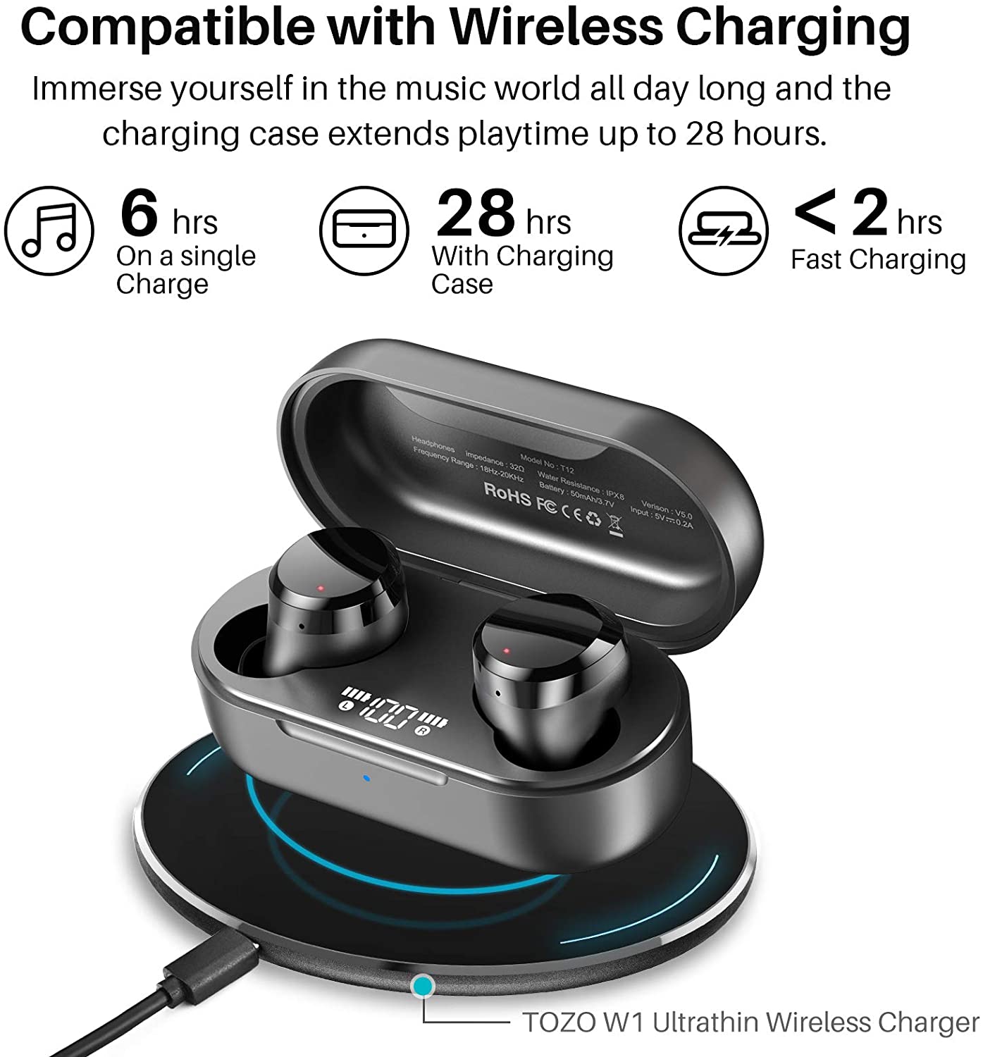 AUDÍFONOS TOZO TRUE WIRELESS T12 BLUETOOTH IPX8 NEGRO - 3