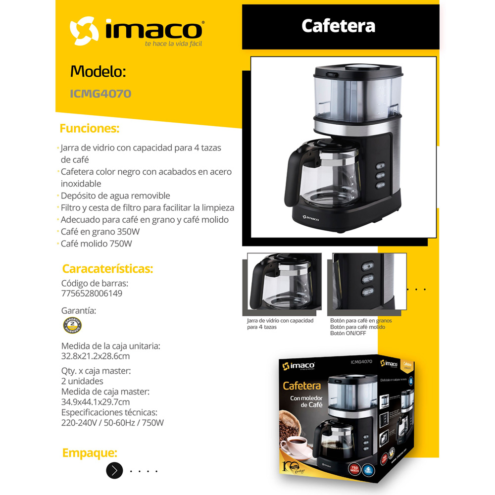 CAFETERA CON MOLINILLO IMACO ICMG4070 4 TAZAS - 6