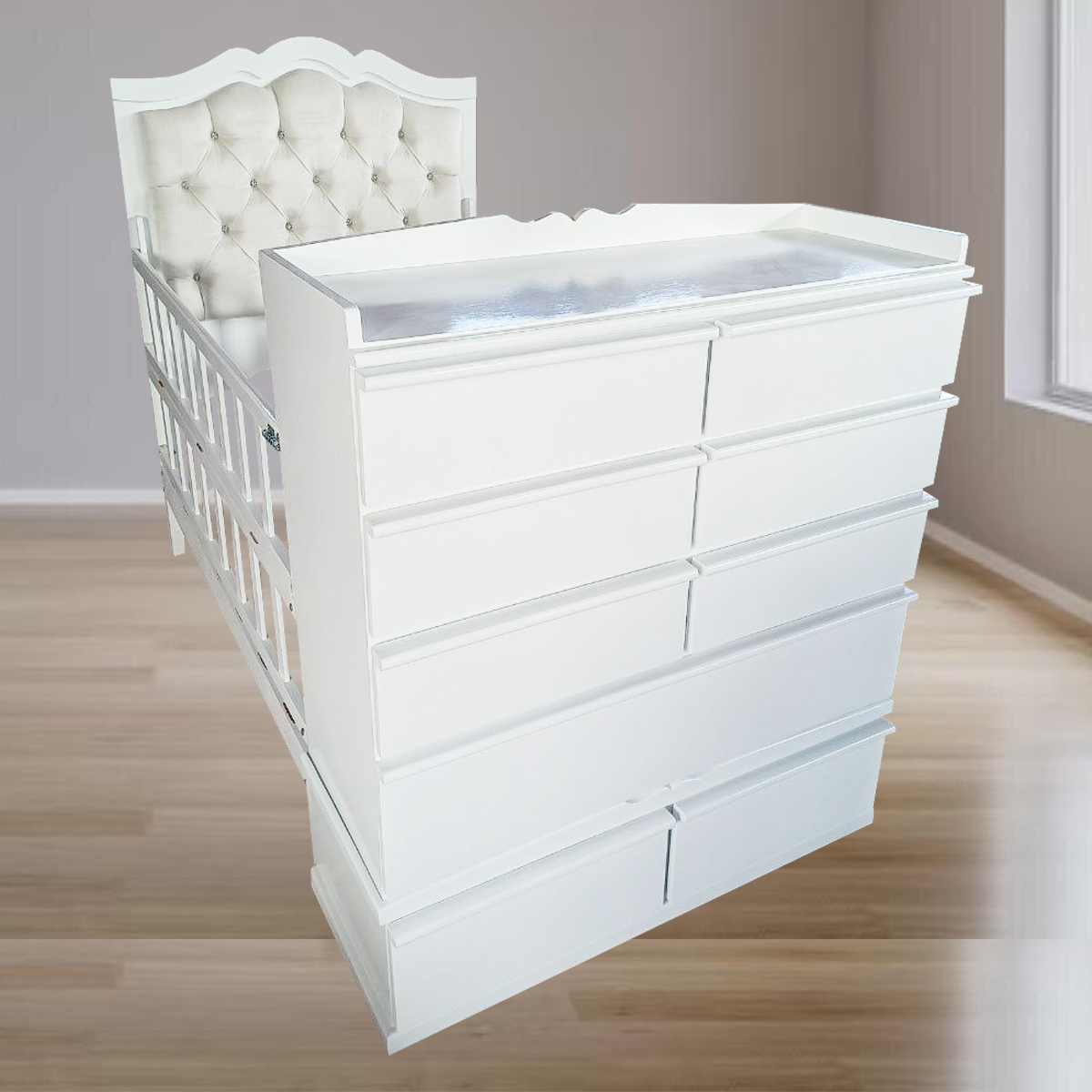 CAMA CUNA DE PLAZA Y MEDIA CON COMODA DESMONTABLE BLANCO TAPIZADO - 1