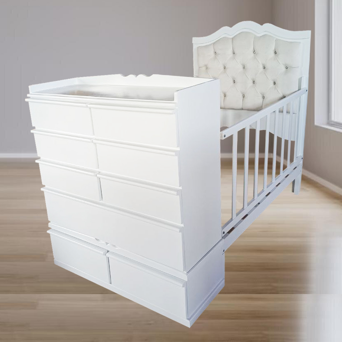 CAMA CUNA DE PLAZA Y MEDIA CON COMODA DESMONTABLE BLANCO TAPIZADO - 3