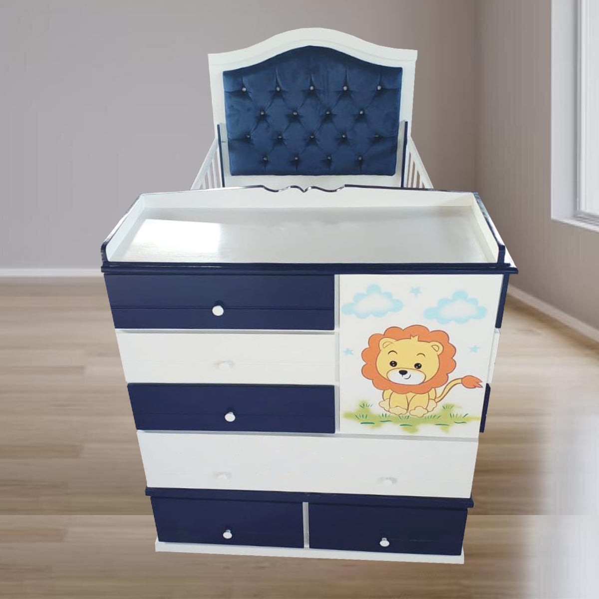 CAMA CUNA DE PLAZA Y MEDIA CON COMODA DESMONTABLE AZUL MARINO LEON - 1