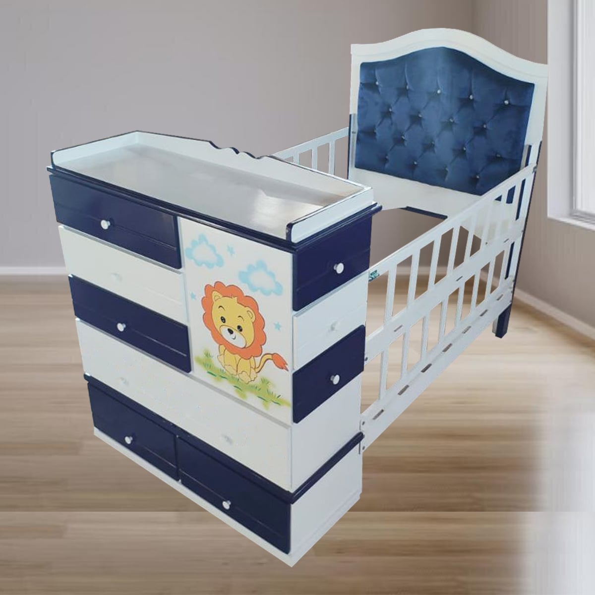 CAMA CUNA DE PLAZA Y MEDIA CON COMODA DESMONTABLE AZUL MARINO LEON - 3