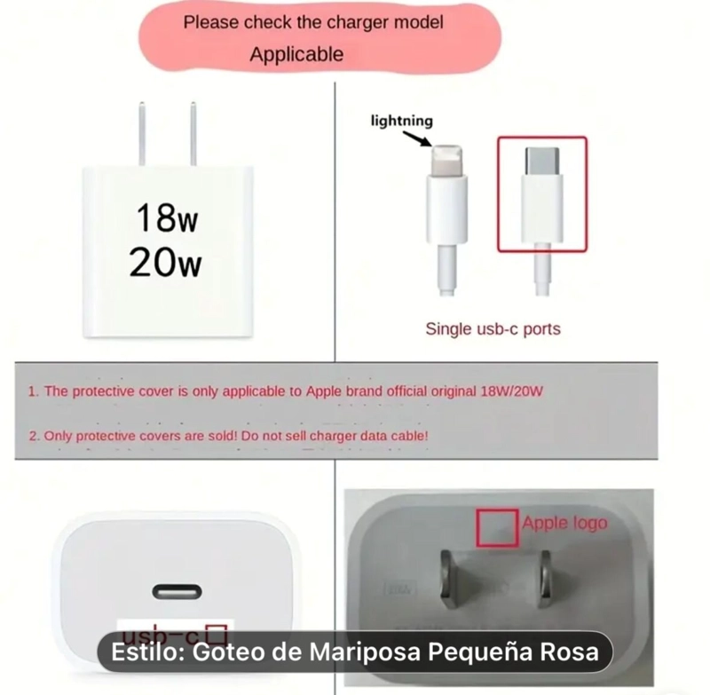 CASE PROTECTOR PARA CARGADOR DE IPHONE ESTILO , GOTEO DE MARIPOSA PEQUEÑA ROSA - 6