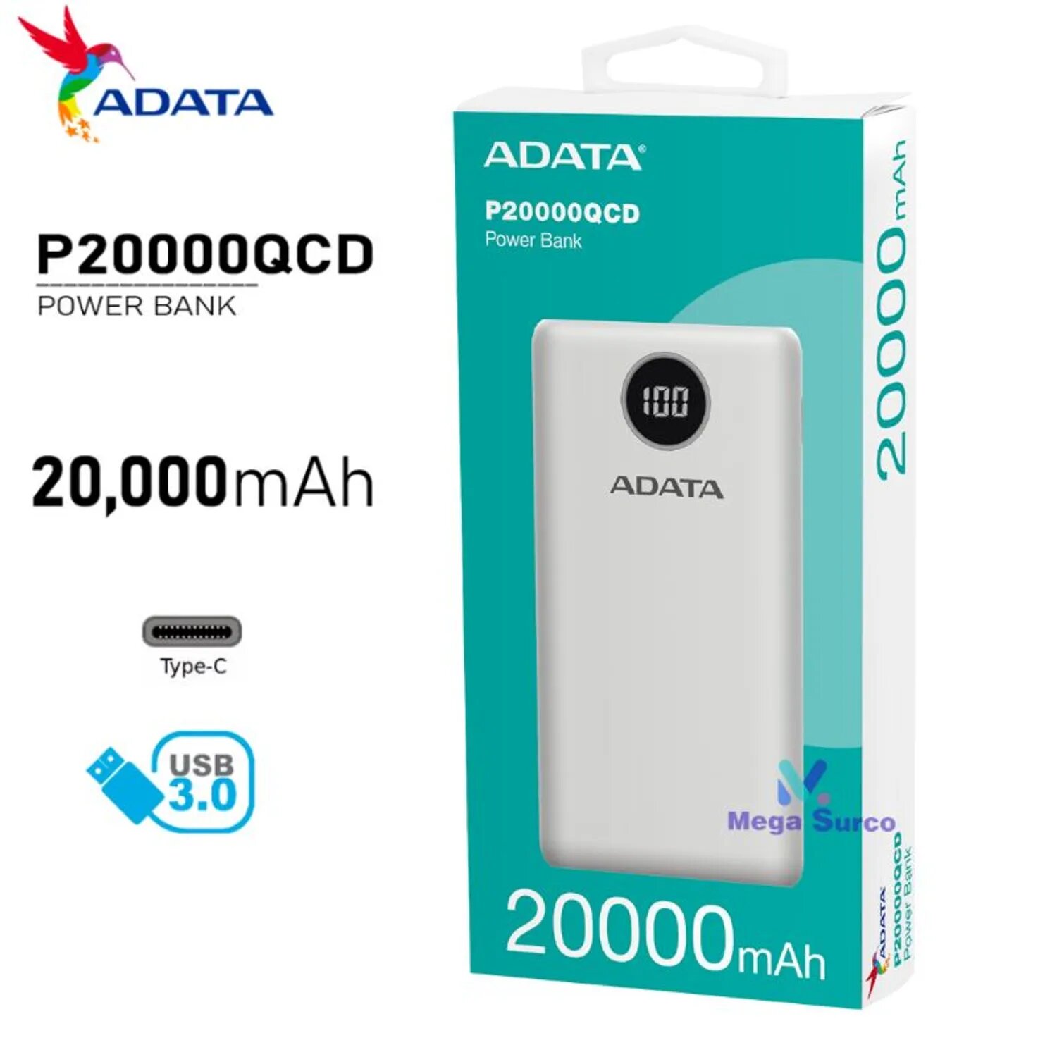 BATERIA PORTATIL - POWER BANK - ADATA - P20000QCD BLANCO - 20000 MHA - ENTRADA TIPO C - 1