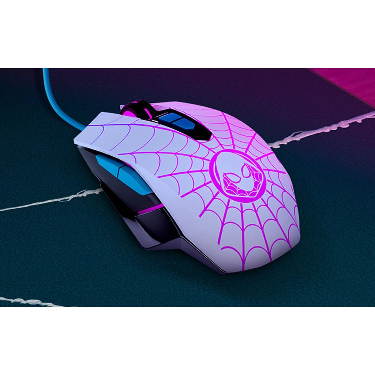 MOUSE LICENCIADO XTECH GAMING GHOST SPIDER USB 2400 DPI 7-BOT PROGRAMABLES CABLE TRENZADO LED WHITE/TURQUESE - 3