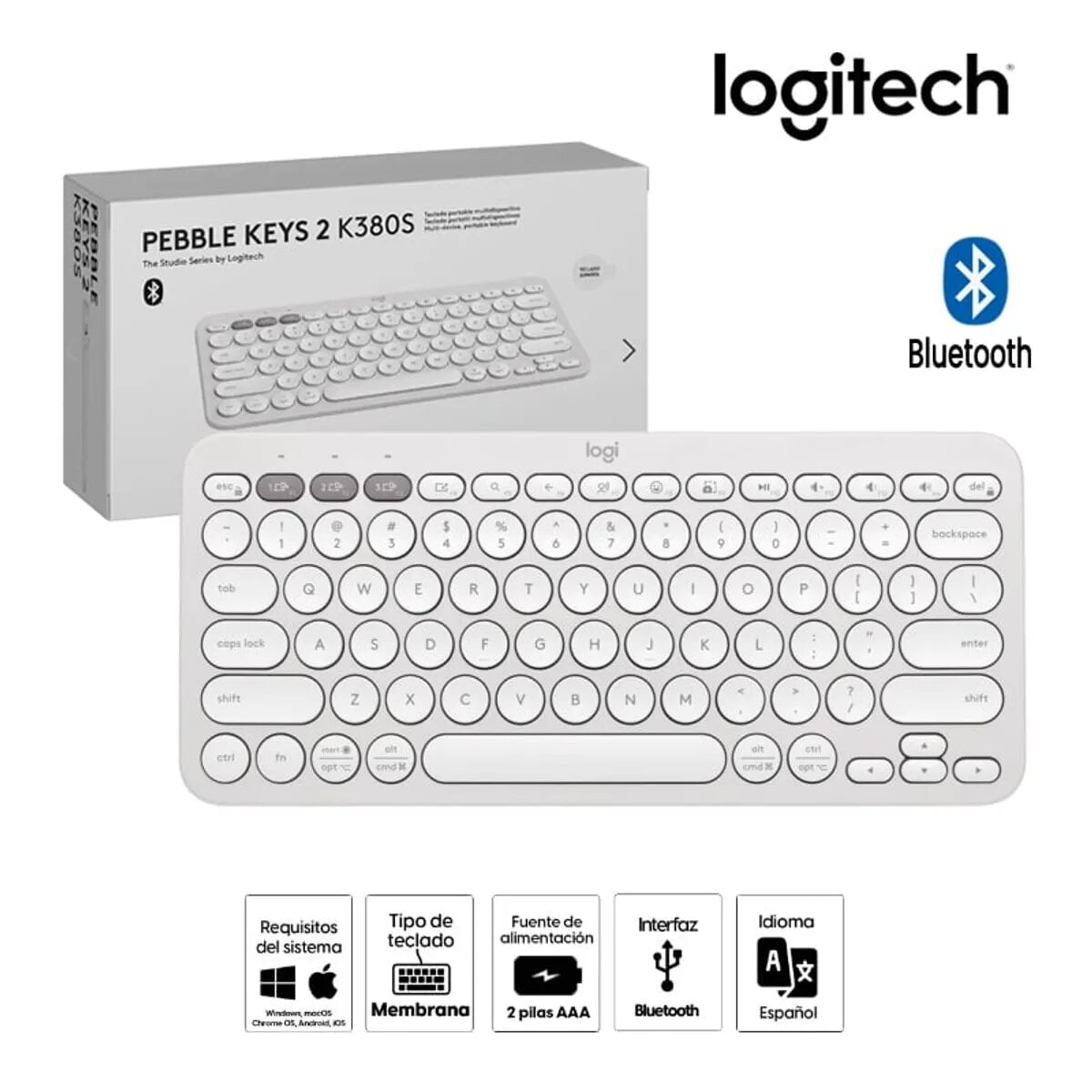 TECLADO LOGITECH PEBBLE 2 K380S BLUETOOTH/WIRELESS SP WHITE - 1