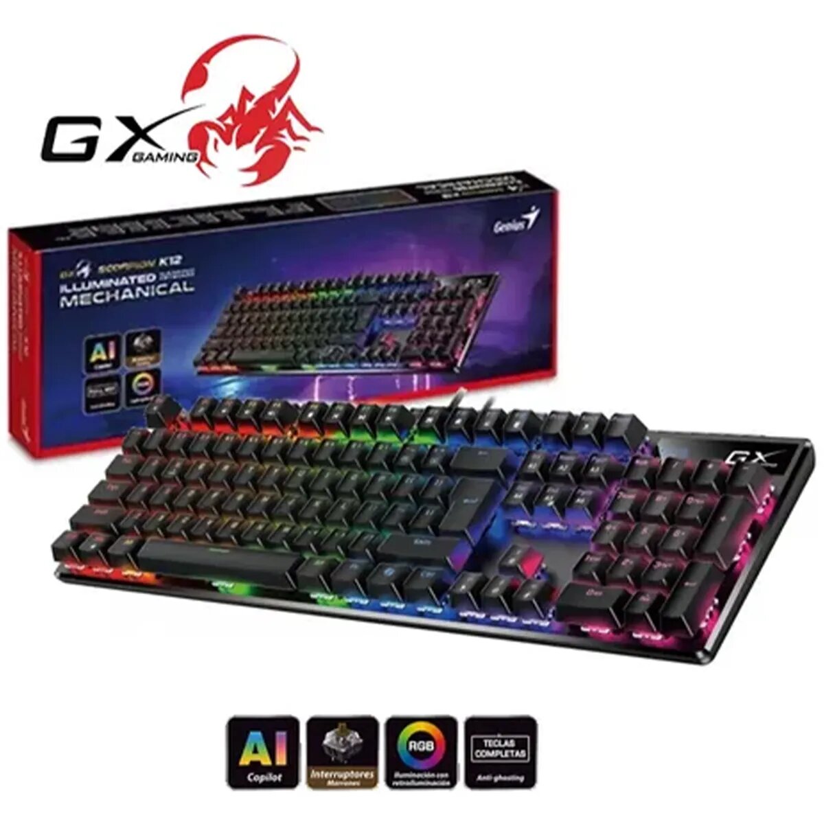 TECLADO GENIUS GX SCORPION K12 GAMING RGB LED MECHANICAL USB AI BROWN SWITCH BLACK - 5