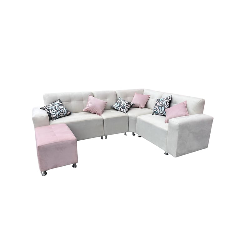 SECCIONAL LEYVA 4 PIEZAS + BANQUETA + 6 COJINES - IVORY CON ROSADO - 1