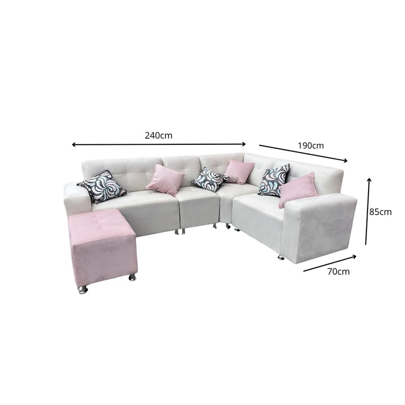 SECCIONAL LEYVA 4 PIEZAS + BANQUETA + 6 COJINES - IVORY CON ROSADO - 2