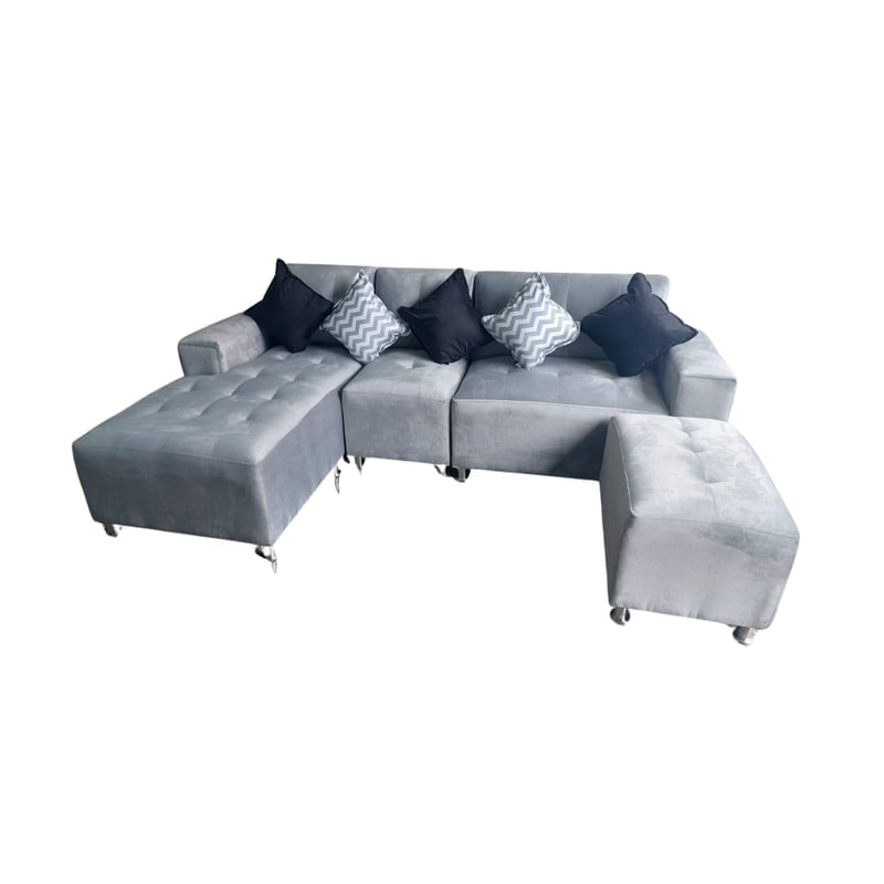 SECCIONAL L CAMA - 3 PIEZAS  - BANQUETA + 5 COJINES - PLATA - 1