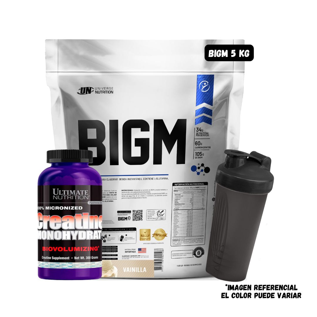 BIGM 5 KG (VAINILLA) + CREATINA ULTIMATE NUTRITION 300 GRAMOS + SHAKER - 1
