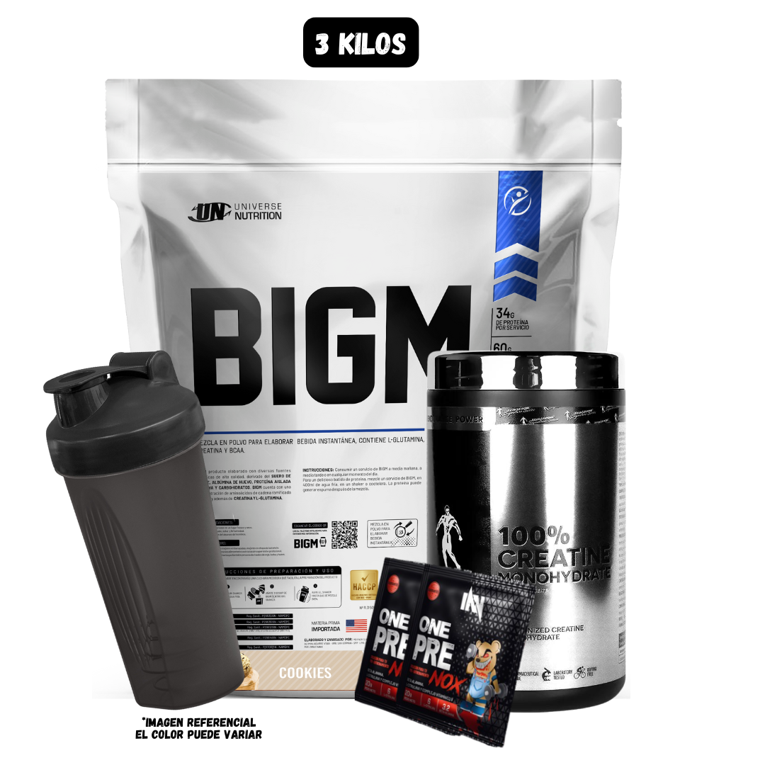 BIGM 3 KG (COOKIES) + CREATINA KEVIN LEVORNE 500 GR + 2 SACHET DE PRE ENTRENO + 1 SHAKER - 1
