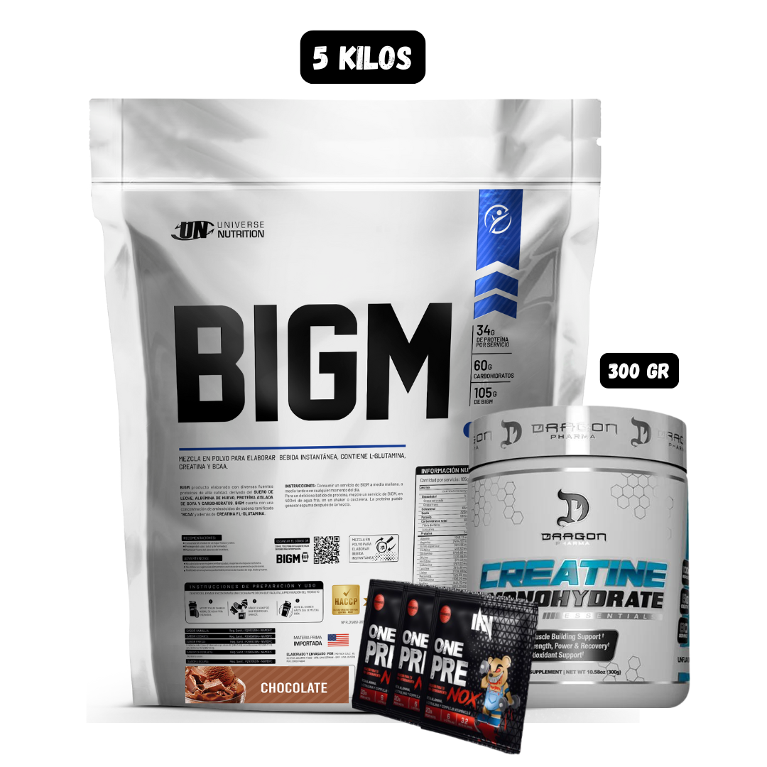 BIGM 5 KG (CHOCOLATE) + CREATINA DRAGON PHARMA 300 GR + 3 SACHET DE PRE ENTRENO - 1
