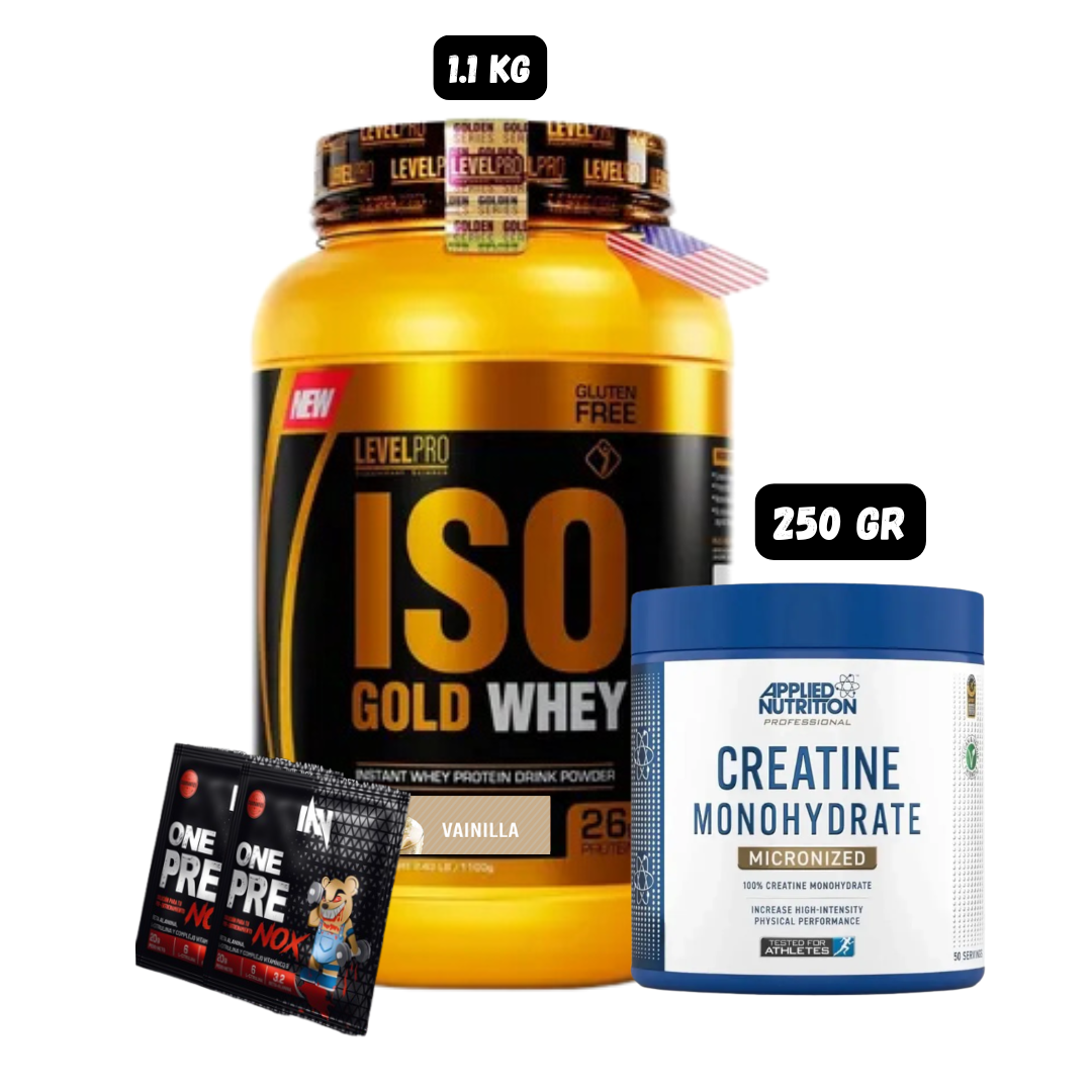 PROTEINA ISO GOLD WHEY 2.43 KB (VAINILLA) + CREATINA MONOHIDRATADA APPLIED NUTRITION 250 GR + 2 SACHET DE PRE ENTRENO - 1