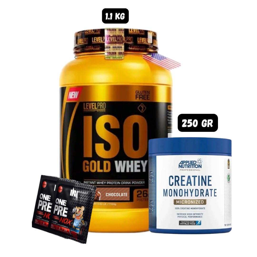 PROTEINA ISO GOLD WHEY 2.43 KB (CHOCOLATE) + CREATINA MONOHIDRATADA APPLIED NUTRITION 250 GR + 2 SACHET DE PRE ENTRENO - 1