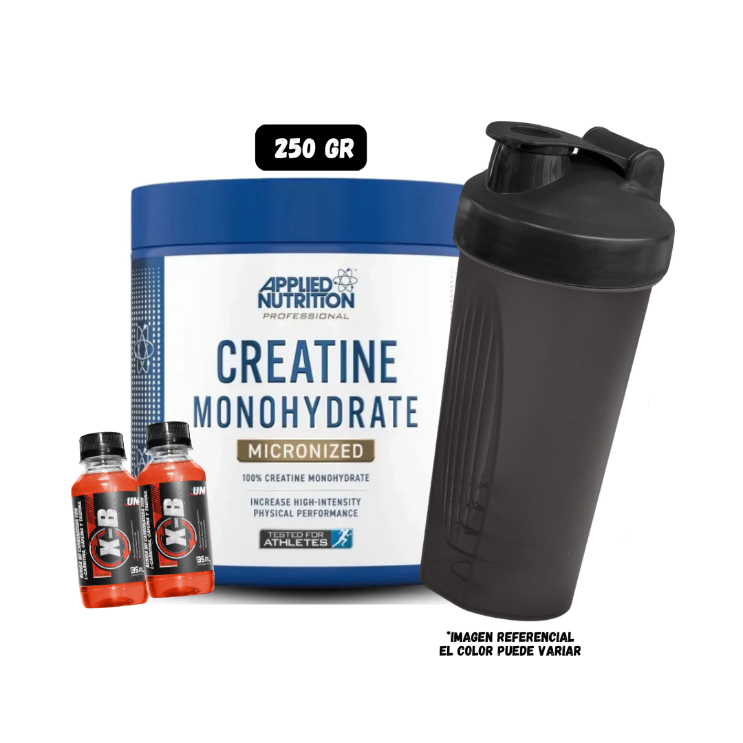 CREATINA MONOHIDRATADA APN 250 GRAMOS + 2 BOTELLITAS XB + SHAKER - 1