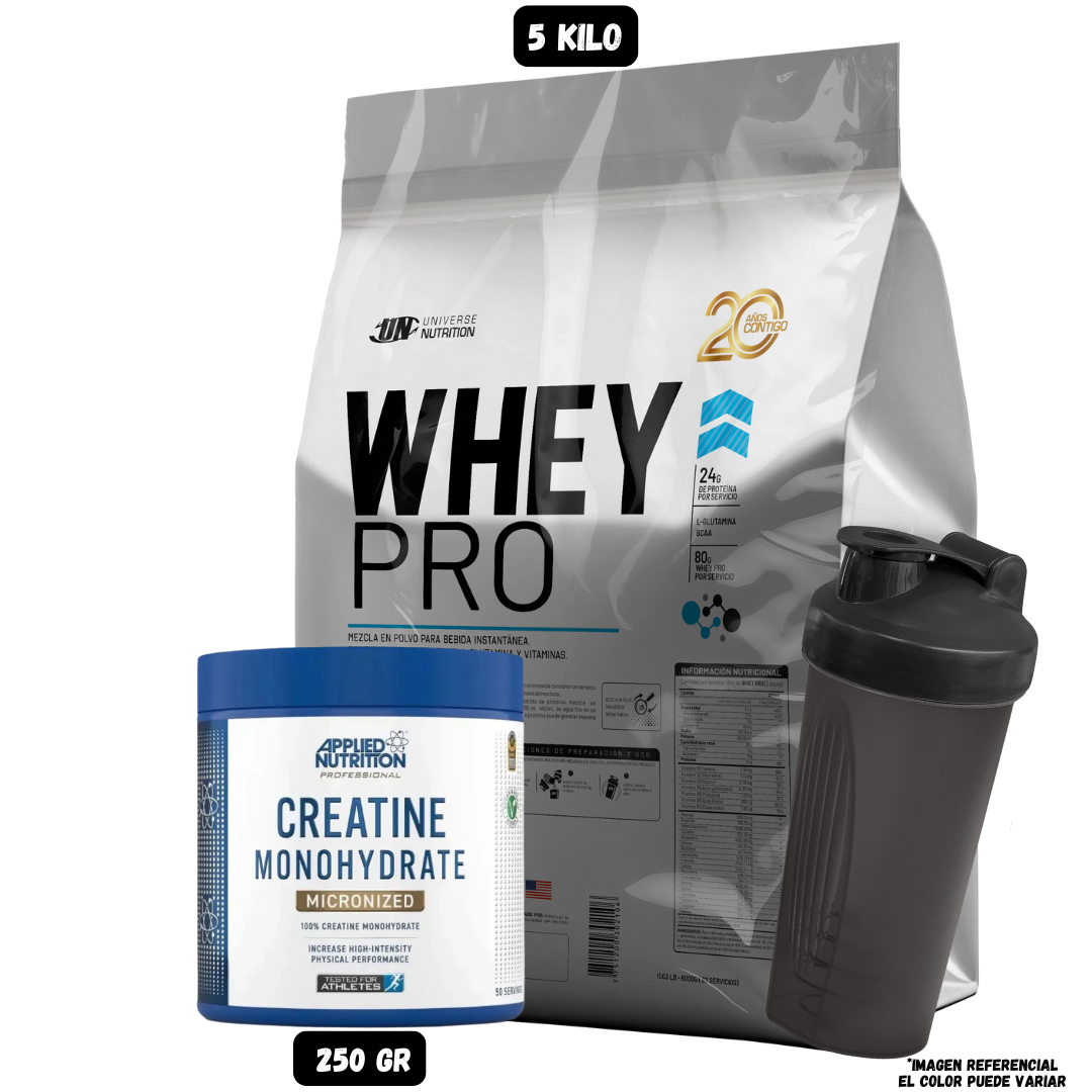 WHEY PRO 5 KG (CHOCOLATE) + CREATINA MONOHIDRATADA APPLIED 250 GR + SHAKER - 1