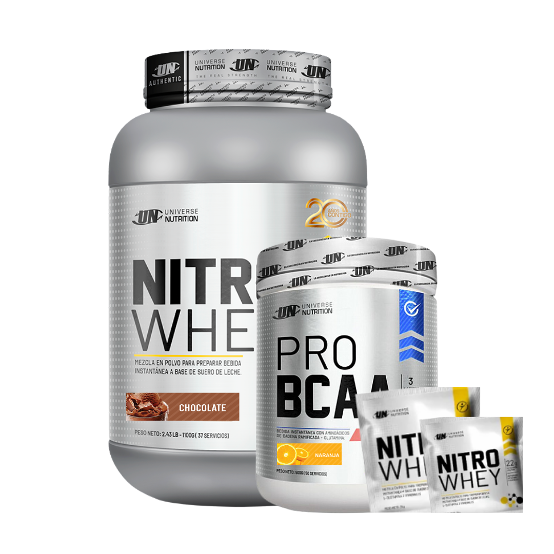 NITRO WHEY 1.1 KG (CHOCOLATE) + BCAA UN 500GR (NARANJA) + 2 SACHET NITRO WHEY - 1