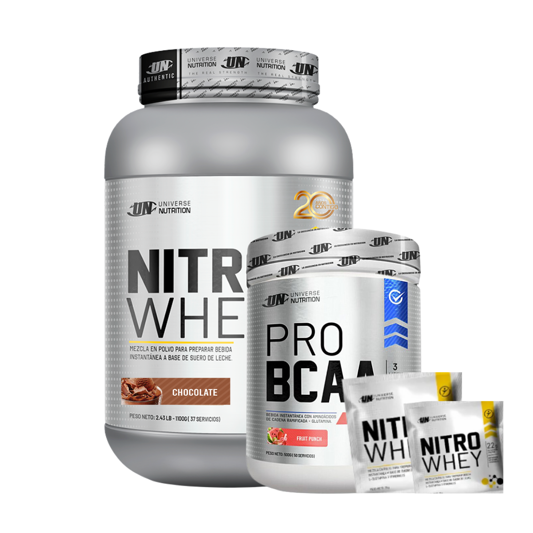 NITRO WHEY 1.1 KG (CHOCOLATE) + BCAA UN 500GR (FRUIT PUNCH) + 2 SACHET NITRO WHEY - 1