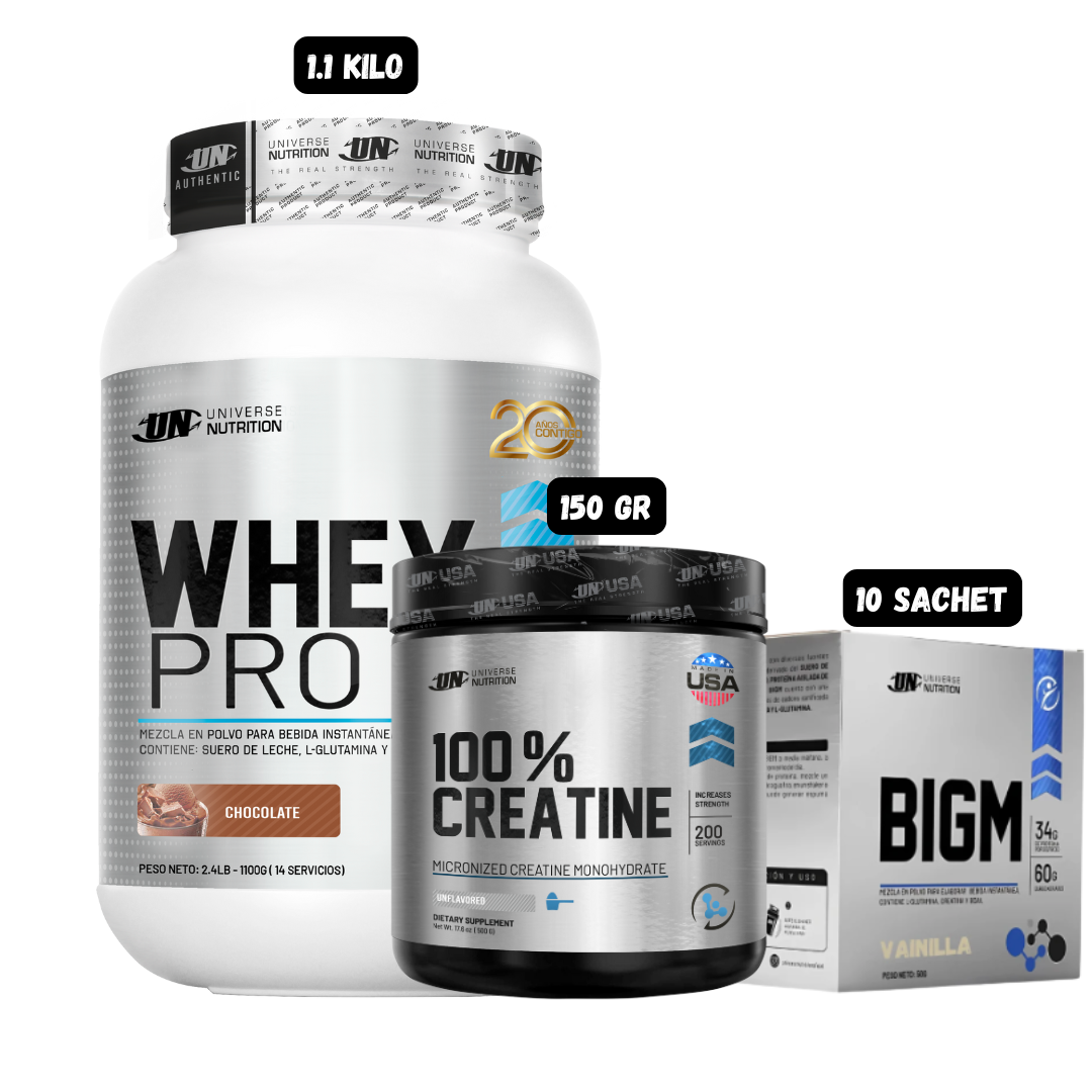 WHEY PRO 1.1 KG (CHOCOLATE) + CREATINA UN 150 GR + CAJA BIGM 10 SACHET - 1