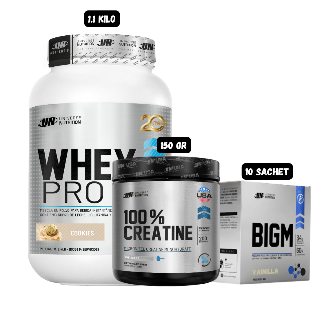 WHEY PRO 1.1 KG (COOKIES) + CREATINA UN 150 GR + CAJA BIGM 10 SACHET - 1