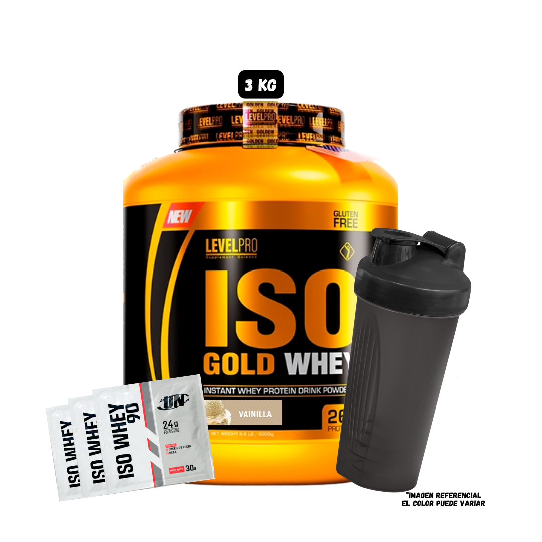PROTEINA LEVEL PRO ISO GOLD WHEY 6.6 LBS (VAINILLA) + 1 SHAKER + 3 SACHET PROTEINA ISO WHEY - 1
