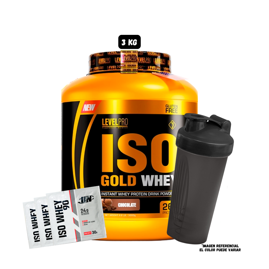 PROTEINA LEVEL PRO ISO GOLD WHEY 6.6 LBS (CHOCOLATE) + 1 SHAKER + 3 SACHET PROTEINA ISO WHEY - 1