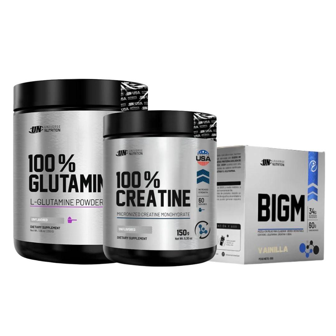 GLUTAMINA UN 200 GR + CREATINA UN 150 GR + CAJA BIGM 10 SACHETS (VAINILLA) - 1