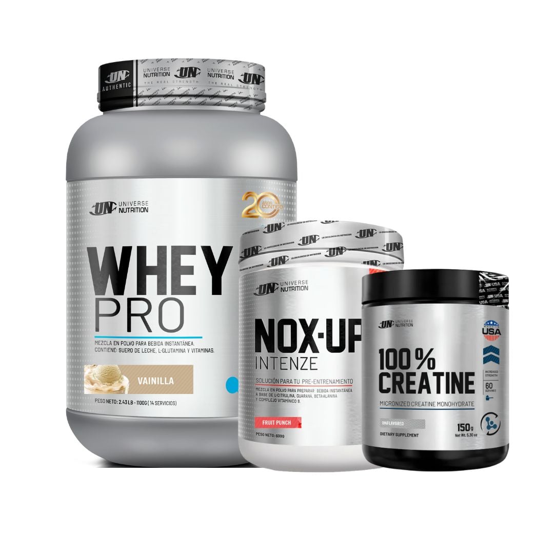 WHEY PRO 1.1 KG VAINILLA + PRE ENTRENO NOX UP 600 GR FRUIT + CREATINA UN 150 GR - 1
