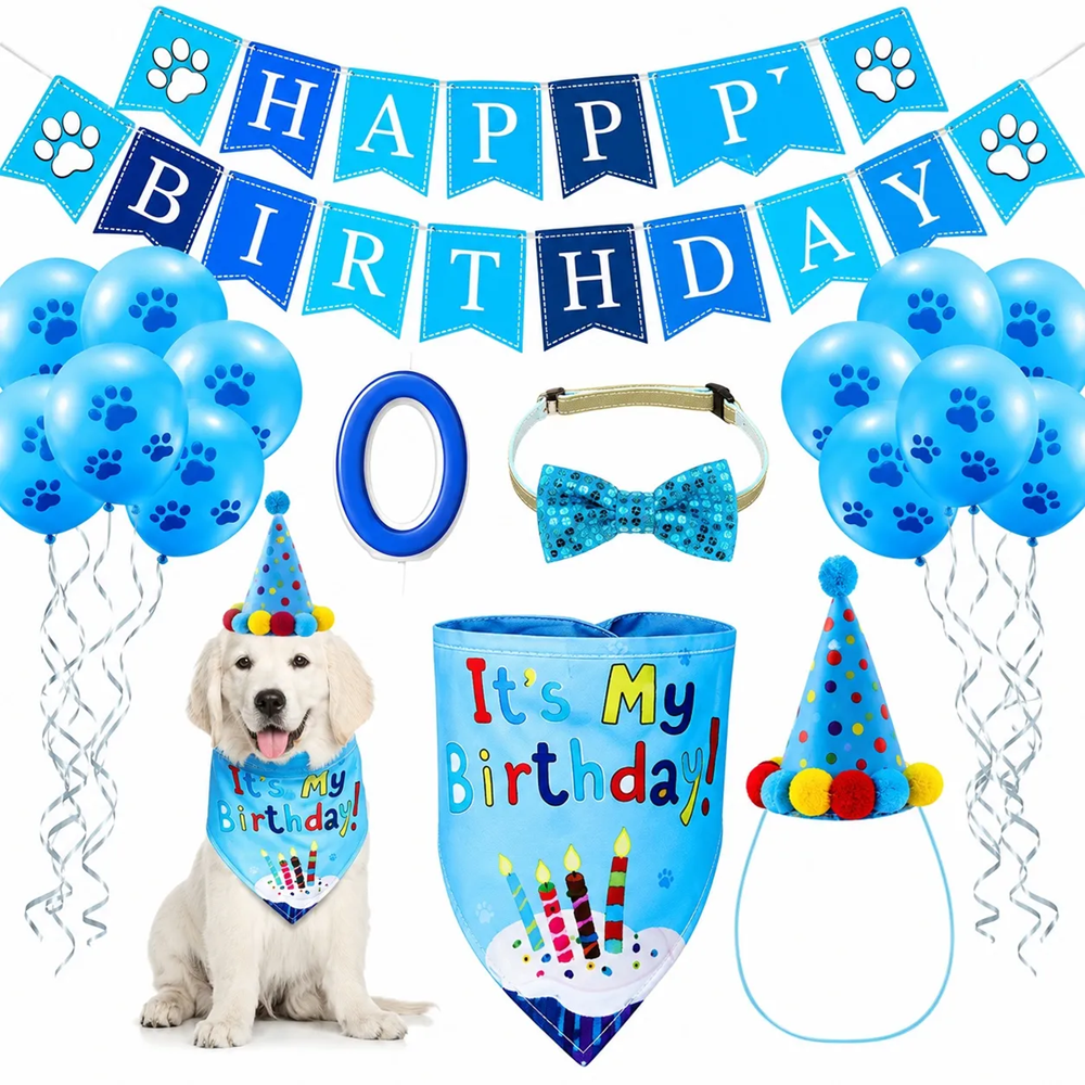 KIT CUMPLEAÑERO COMPLETO PARA MASCOTAS PERROS Y GATOS COLOR CELESTE - 1