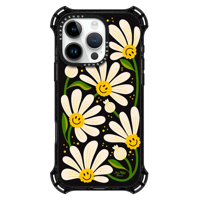 CASE BUMPER IPHONE 13 Y 14 HAPPY DAISIES NEGRO TRANSPARENTE - 1