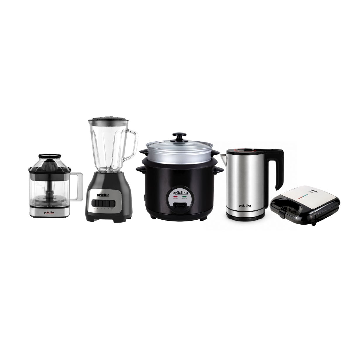 COMBO PRACTIKA: HERVIDOR INOX 1.8L+LICUADORA BL-600+MINI GRILL PANINI GRILL+OLLA ARROCERA POM-1K BLACK+EXPRIMIDOR CITRUS FORCE - 1