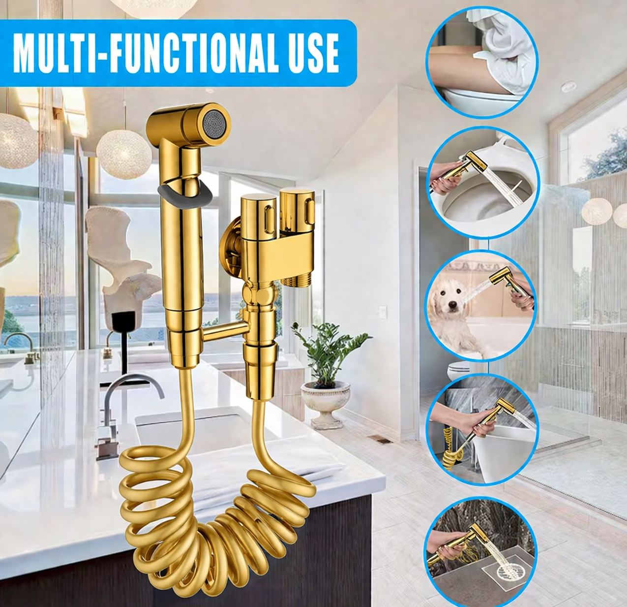 COMBO SET DUCHA BIDE PREMIUM COLOR DORADO ORO PULIDO CON MANGUERA RESORTE Y SOPORTE, EN ACERO SS304 - 1