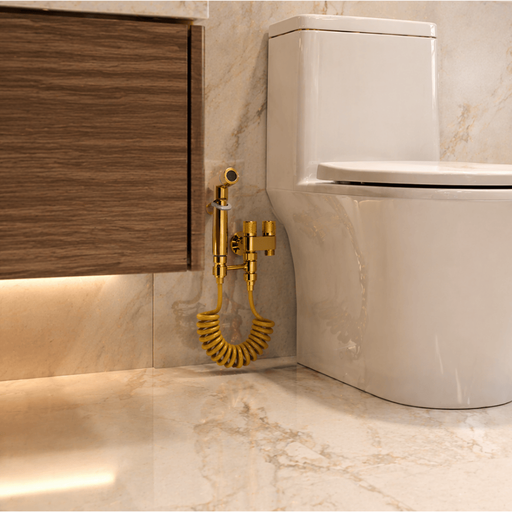 COMBO SET DUCHA BIDE PREMIUM COLOR DORADO ORO PULIDO CON MANGUERA RESORTE Y SOPORTE, EN ACERO SS304 - 3