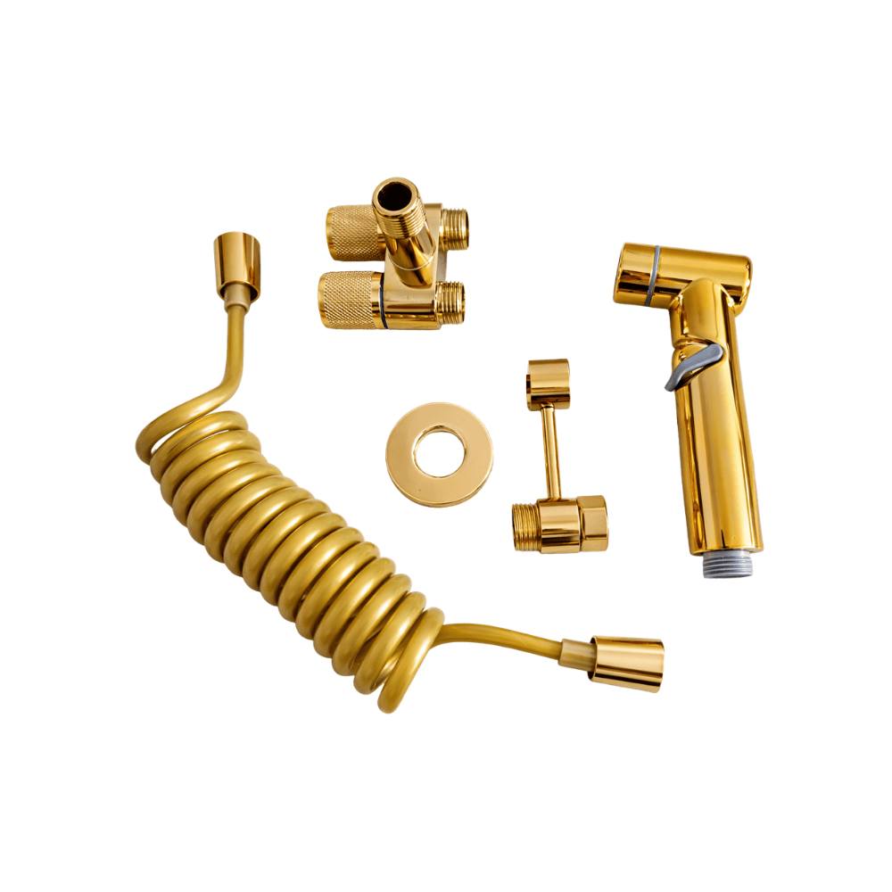 COMBO SET DUCHA BIDE PREMIUM COLOR DORADO ORO PULIDO CON MANGUERA RESORTE Y SOPORTE, EN ACERO SS304 - 4