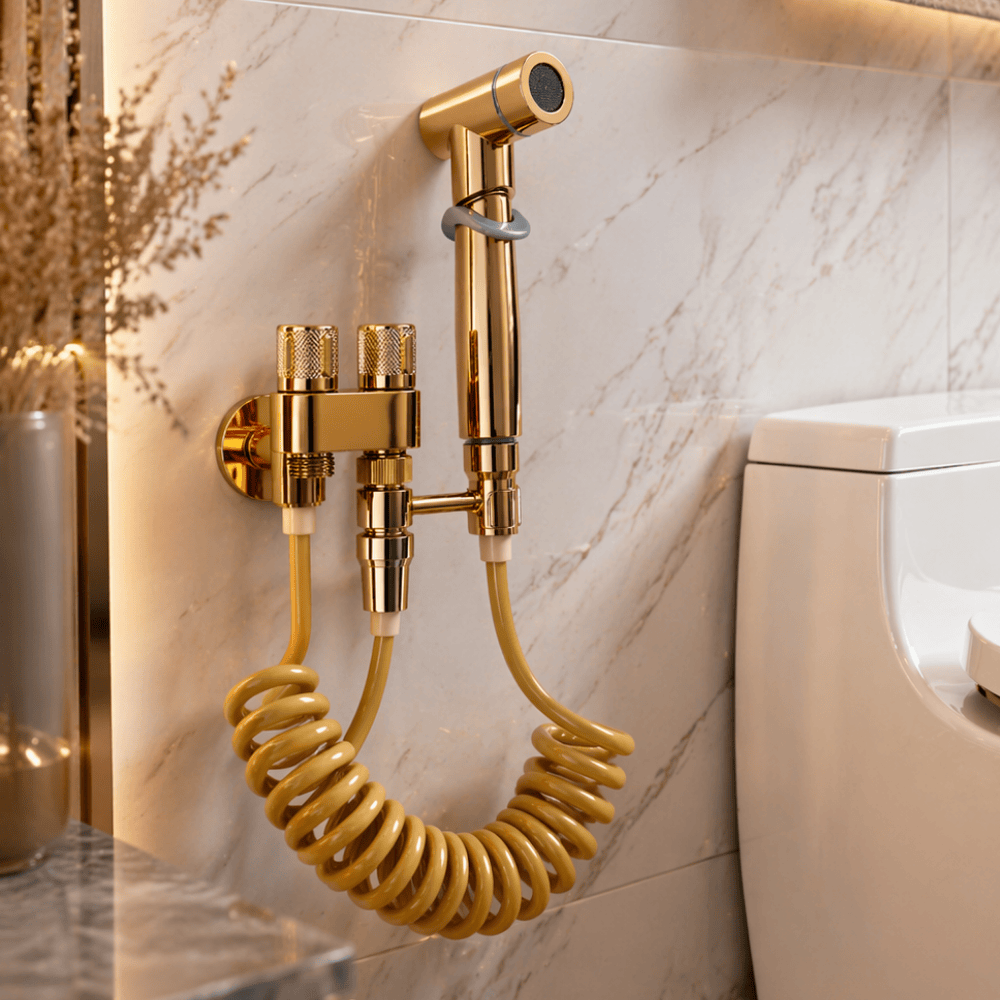 COMBO SET DUCHA BIDE PREMIUM COLOR DORADO ORO PULIDO CON MANGUERA RESORTE Y SOPORTE, EN ACERO SS304 - 5
