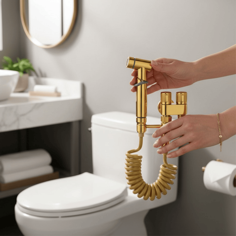COMBO SET DUCHA BIDE PREMIUM COLOR DORADO ORO PULIDO CON MANGUERA RESORTE Y SOPORTE, EN ACERO SS304 - 6