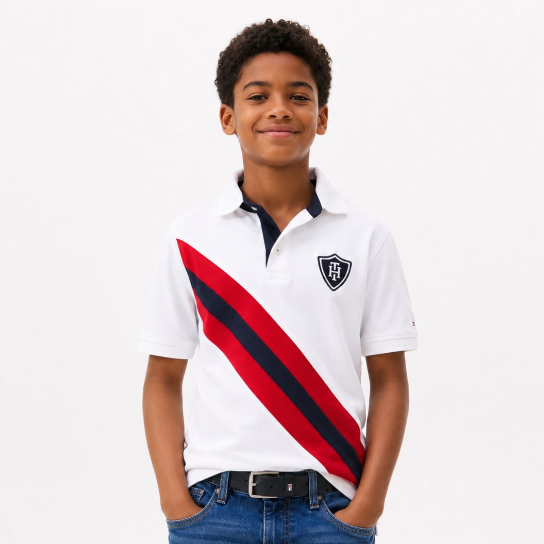 POLO CAMISERO TOMMY HILFIGER NIÑO BANNER STRIPE BLANCO FRANJA DIAGONAL - 1