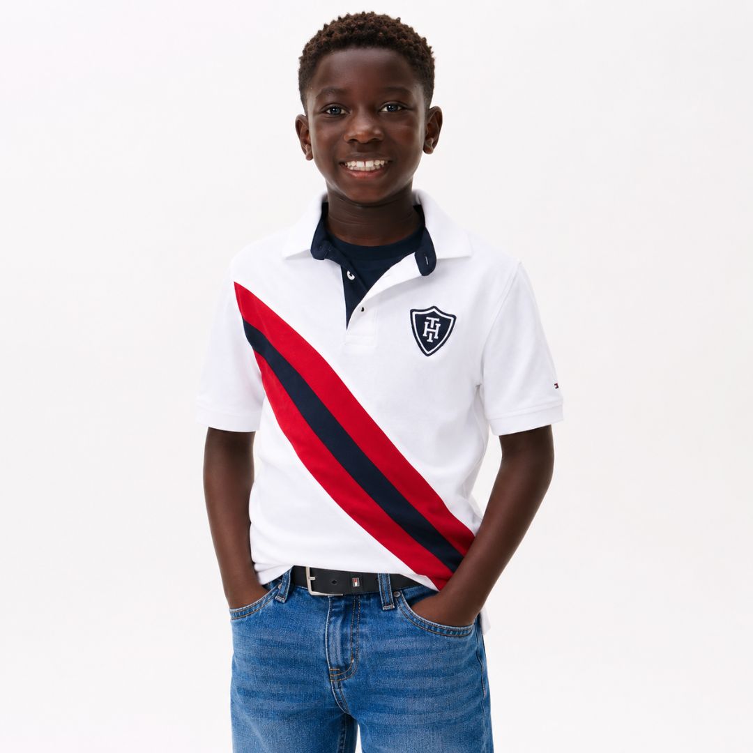 POLO CAMISERO TOMMY HILFIGER NIÑO BANNER STRIPE BLANCO FRANJA DIAGONAL - 4