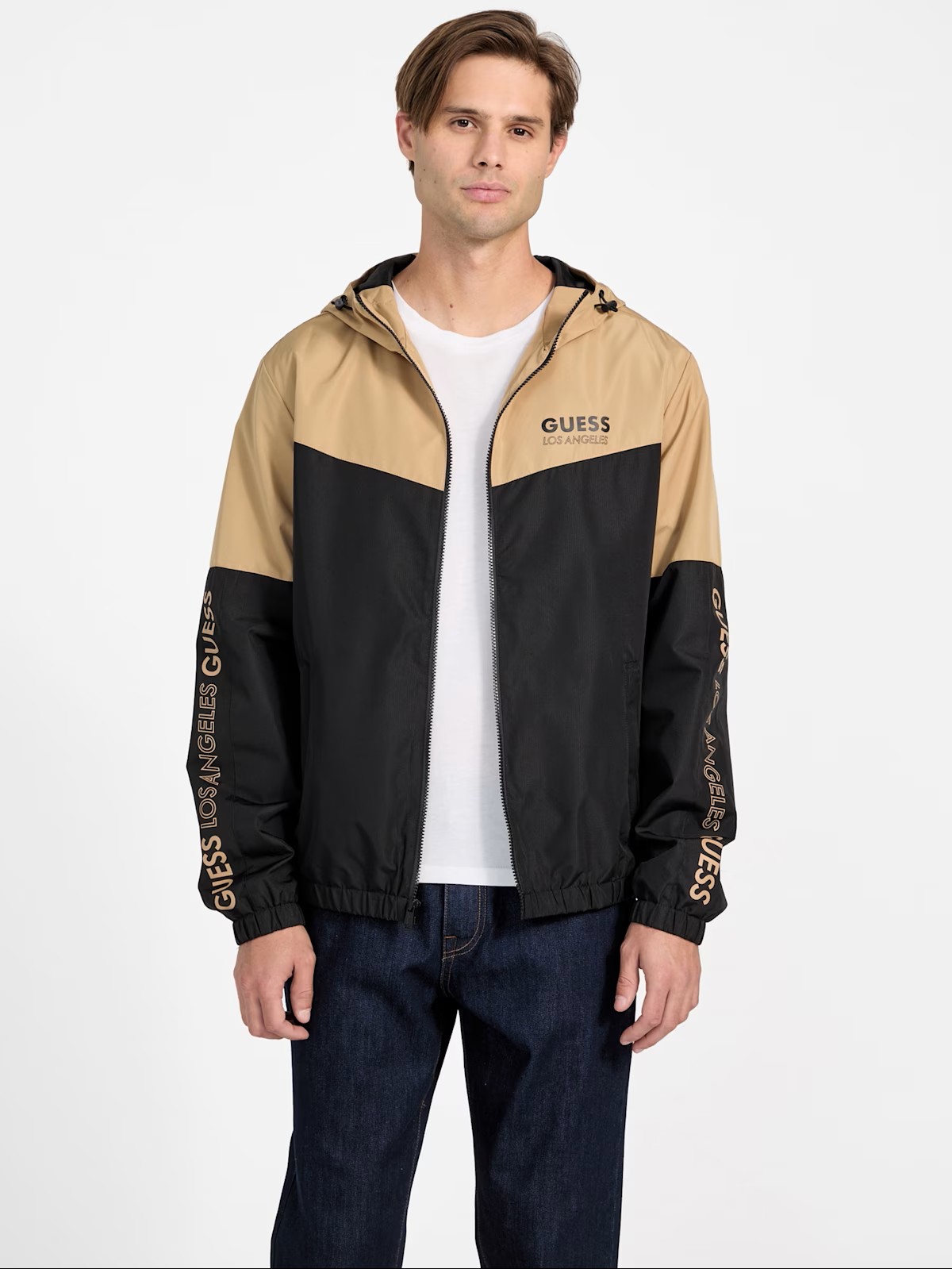 CASACA GUESS HOMBRE ECO NIRO CORTAVIENTO NEGRO BEIGE CON CAPUCHA ESTAMPADA - 5
