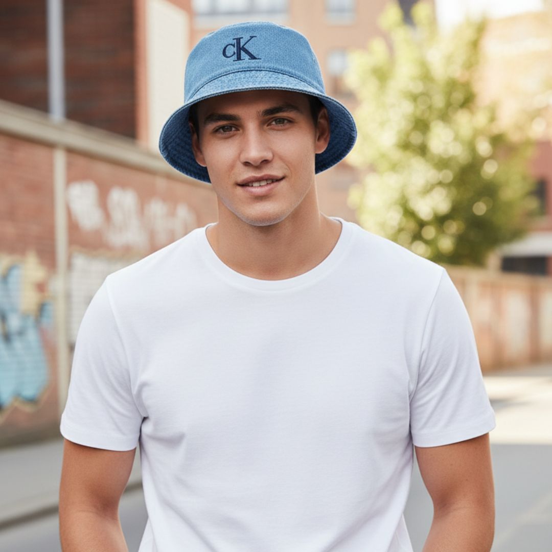 GORRA BUCKET CALVIN KLEIN AZUL DENIM LOGO BORDADO UNISEX ESTILO URBANO - 4