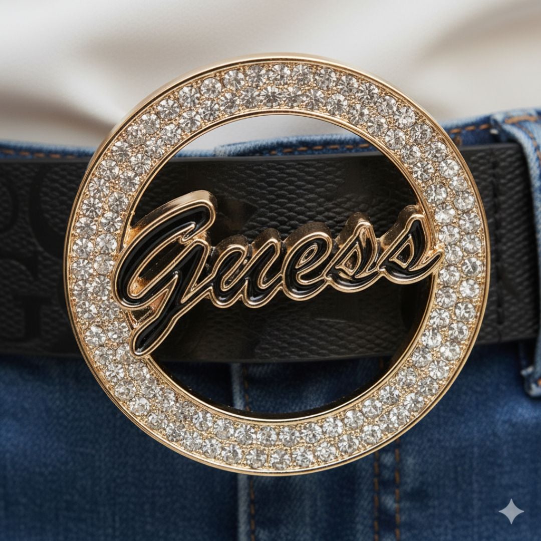 CORREA GUESS MUJER SPARKLE LOGO MONOGRAMA ALTO RELIEVE HEBILLA DORADA - 4