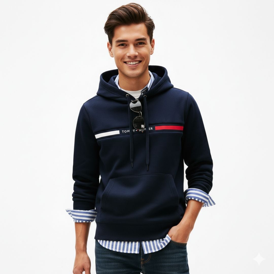 POLERA TOMMY HILFIGER HOMBRE FLAG STRIPE HOODIE AZUL CON CAPUCHA REGULAR FIT - 4