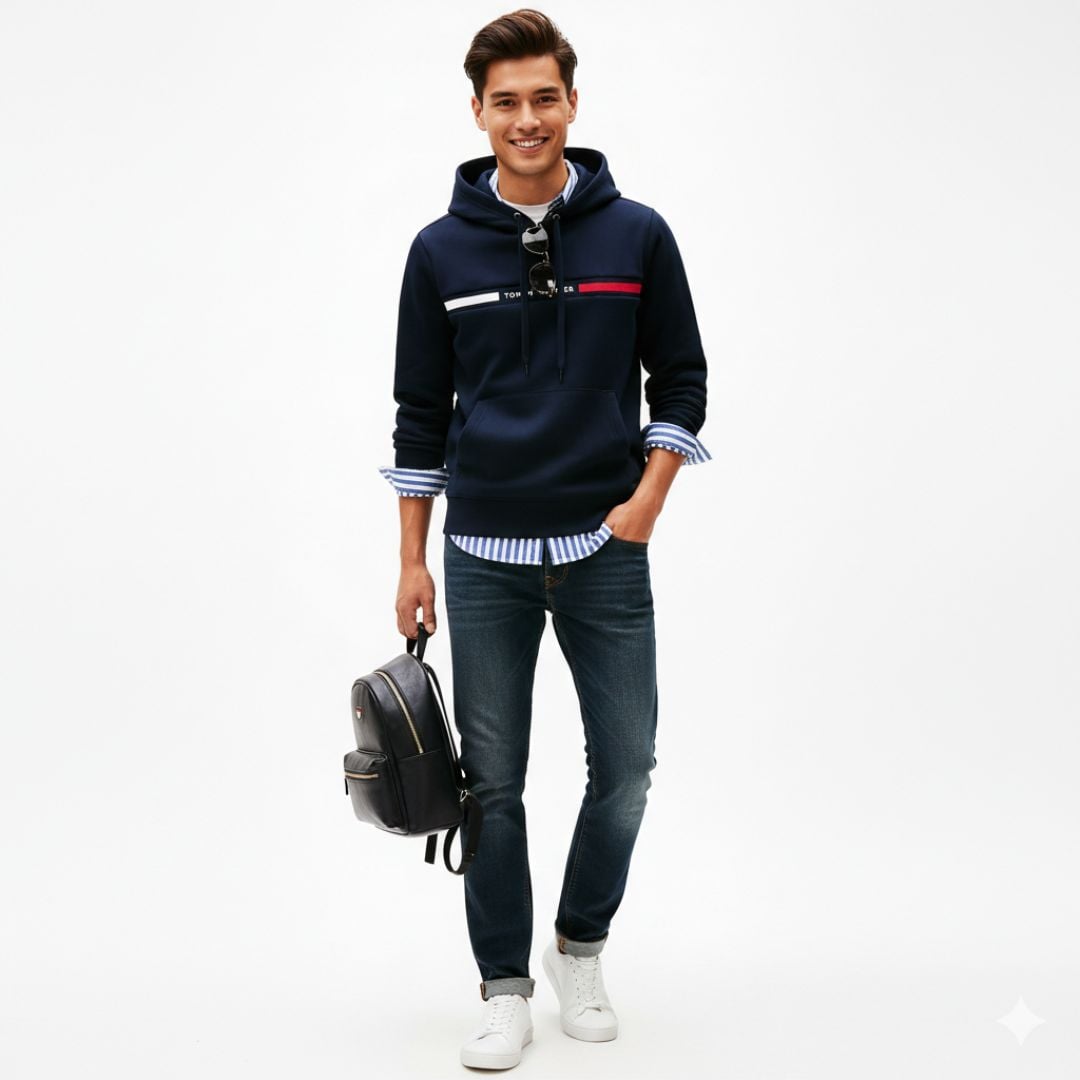 POLERA TOMMY HILFIGER HOMBRE FLAG STRIPE HOODIE AZUL CON CAPUCHA REGULAR FIT - 5