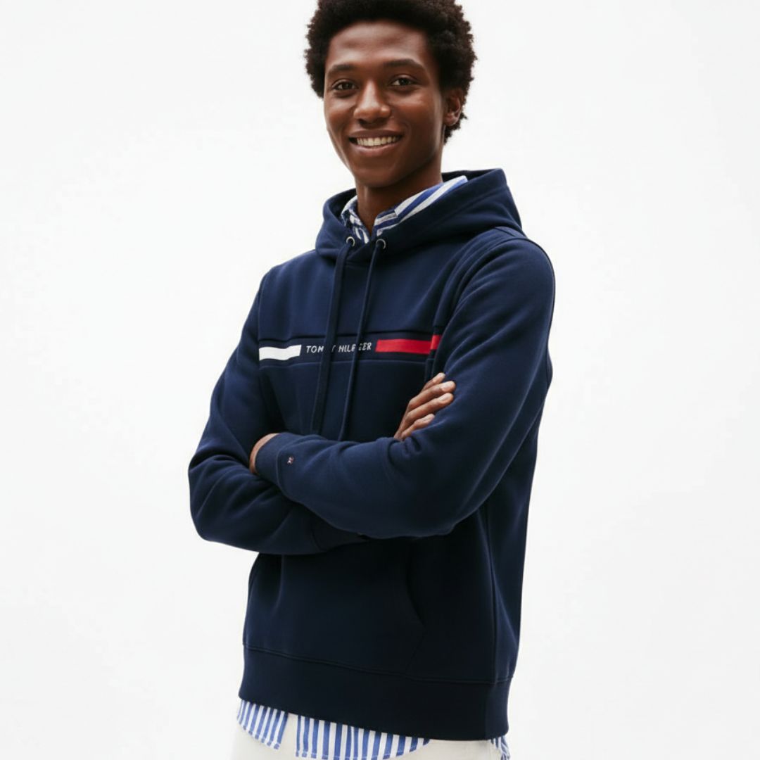 POLERA TOMMY HILFIGER HOMBRE FLAG STRIPE HOODIE AZUL CON CAPUCHA REGULAR FIT - 6